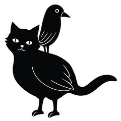 Whimsical black cat silhouette with a small bird perched on its back