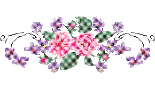 Cross Stitch Flowers, Floral Embroidery Ornament