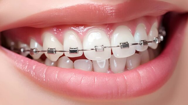 Close-up of a happy smile of a young woman with healthy white teeth with metal braces decorated with rhinestones. Dentistry concept