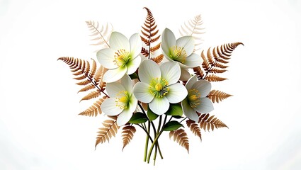 Delicate white hellebore flowers with dried fern fronds arranged in a bouquet against a white background
