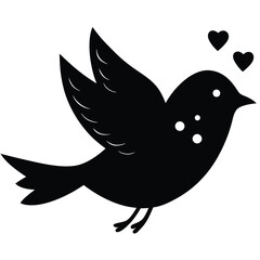 Black silhouette of a cute bird with hearts flying above its head