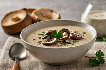 Creamy mushroom soup with fresh herbs and toasted bread savory hearty