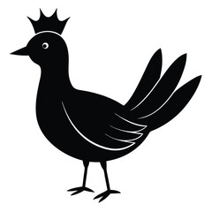 Stylized black silhouette of a chicken wearing a crown on a white background