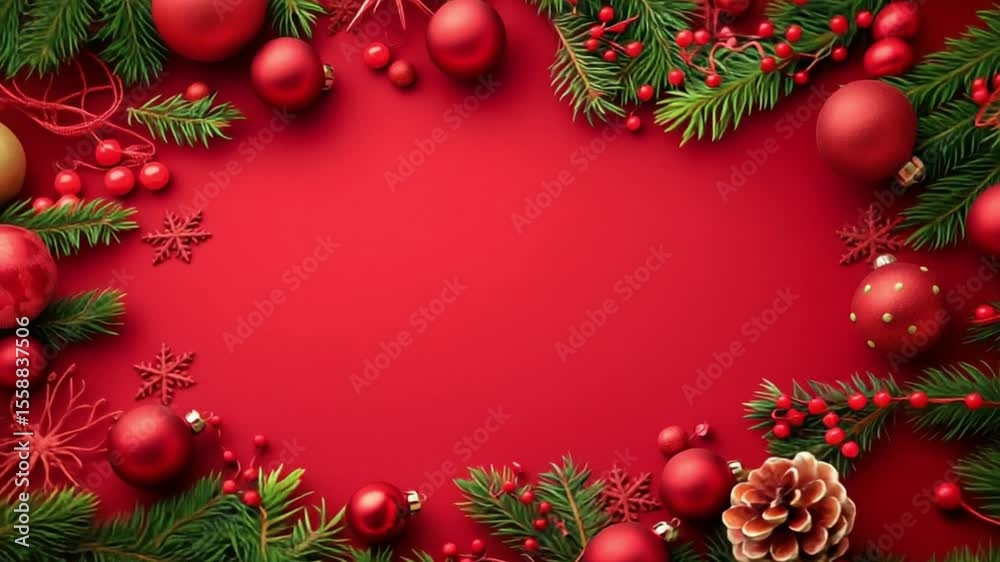 Wall mural merry christmas and happy new year red background with fir branches and decorations form an empty fr