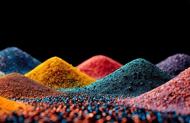 Assortment of metallic ores and minerals including gold, copper, iron, bismuth piled on dark surface, industrial raw materials resource concept for manufacturing and geology.​