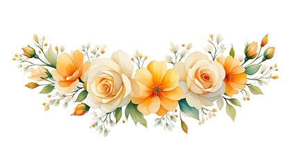 Elegant watercolor floral border with creamy white and vibrant orange roses and delicate buds