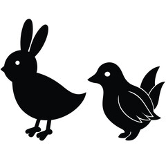 Cute black silhouette of a bunny bird and a chick bird facing each other