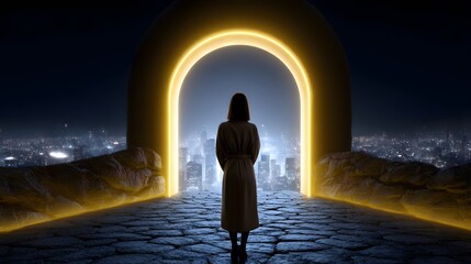 Fototapeta premium Silhouetted figure stands before a glowing archway in the night.