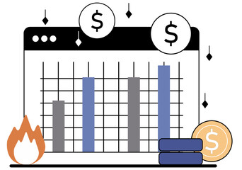Downward Line Chart Showing Startup Cash Burn Over Months With Flame and Money Stack Icons, Featuring a Flat Vector Style for Financial or Business Concepts