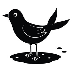 Cute black cartoon bird standing on a puddle with white outline details