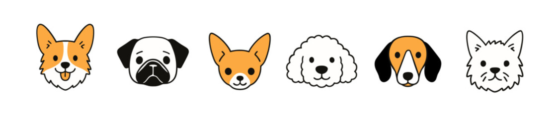 Dog head puppy vector cute icon. Dog face cartoon doodle pet flat animal corgi bulldog terrier.