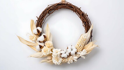 Rustic grapevine wreath adorned with natural cotton bolls dried corn and delicate white flowers on a white background