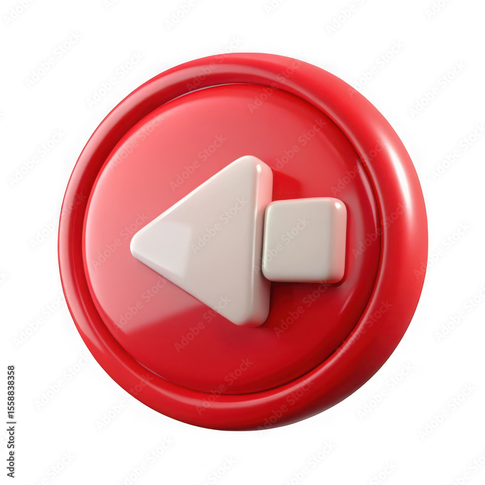 Poster modern 3d render of a red rewind button isolated on transparent background