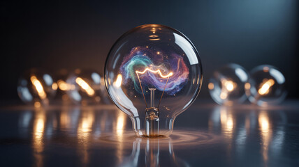 Fototapeta premium Glowing lightbulb with cosmic nebula galaxy space
