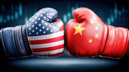 Boxing gloves representing the United States and China face each other, symbolizing economic or political competition on a blue background.