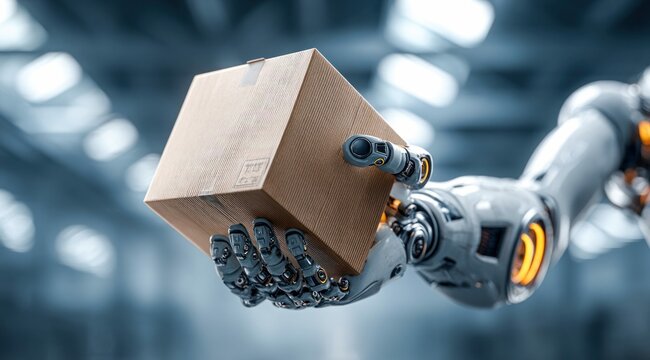 A robotic arm holds a cardboard box, symbolizing automated delivery and futuristic technology. The image conveys innovation and logistics.