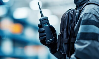 A person in tactical gear holds a walkie-talkie. The focus is on the walkie-talkie and the hand wearing a black glove.