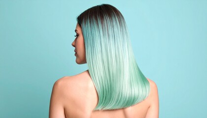Back angle view of a woman with sleek two-tone pastel hair, mint green transitioning smoothly into baby blue, smooth texture, cool-toned soft lighting, minimalistic background