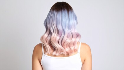 Obraz premium Back angle view of a woman with long two-tone pastel hair, soft pink blending into lavender, gentle waves, soft natural lighting, dreamy aesthetic, subtle background blur.