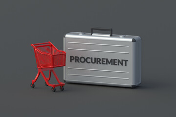 Procurement word on suitcase near market cart. Planning your purchases. Commercial partnership. Business concept. 3d render