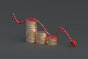 Recession concept. Declining economic performance. Decreased wages. Low incomes. Capital reduction. Business bankruptcy. Red down arrow on coins. 3d render