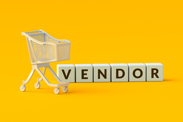 Vendor word on cubes near market cart. International trading. Best supplier. New logistics strategy. Contract for the delivery of goods. Business concept. 3d render