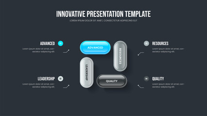 Investor Insight 4 Element Diagram Slideshow Design. Corporate Introduction Presentation Layout Vector Illustration. Company Proposal Four Option Infographic Frame Template.