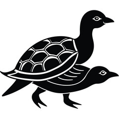 Stylized black silhouette of a turtle with a bird on its back