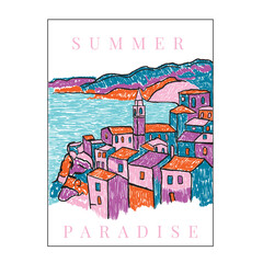 Vacation Beach Summer Vector Graphic. Summer slogan t-shirt. Surf club design. Beach wave artwork. Surfing board. Summer abstract art. Sunshine paradise graphic print design.