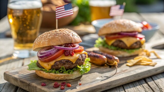 Deliciously grilled hamburgers topped with cheese lettuce tomato and onion served with beer and sausages