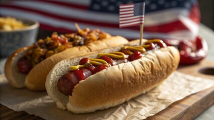 Deliciously prepared hot dogs adorned with ketchup and mustard topped with a small american flag evoke patriotic celebration and classic summer barbecues