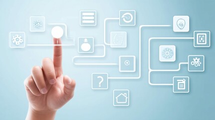 A finger touches a futuristic interface. The digital concept illustrates connection and technology.