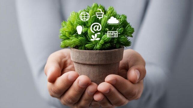 A person's hands gently cradling a small potted plant with digital technology icons superimposed, symbolizing growth and innovation.