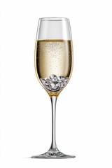 Fototapeta premium A sparkling champagne flute filled with bubbly liquid and adorned with multiple shimmering diamonds, set against a pristine white background.