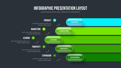 Corporate Briefing 5 Step Diagram Frame Template. Sales Introduction Slideshow Layout Vector Illustration. Market Insight Five Option Infographic Slide Design.