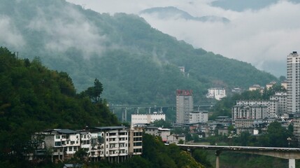 Chinese hillside village, traditional houses, Han River valley
