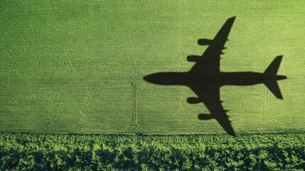 Shadow of an Airplane Flying Over a Green Field With Sustainable Fuel