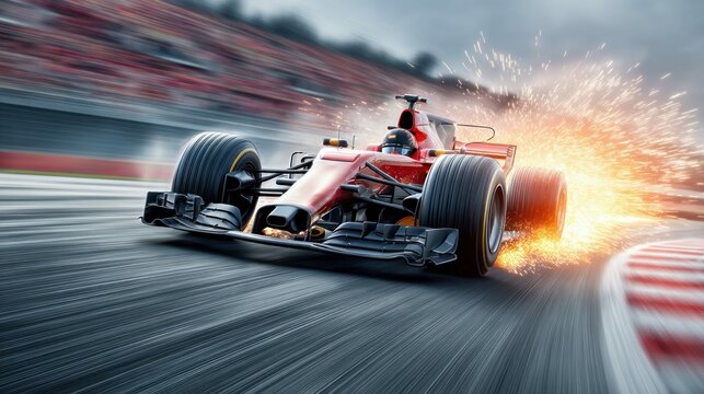 A red Formula 1 race car speeds around a track corner, sparks flying from its rear tires, creating a sense of speed and action.