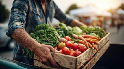 A farmer carries a wooden crate filled with fresh, organic produce from a local market, showcasing the harvest's bounty.