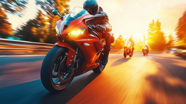 A red motorcycle speeds down a sunlit road, with two more bikes following closely behind, capturing the essence of speed and adventure.