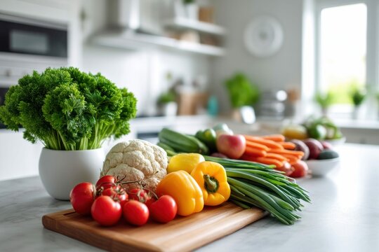 A vibrant array of fresh vegetables artfully arranged on a wooden cutting board in a bright kitchen setting.