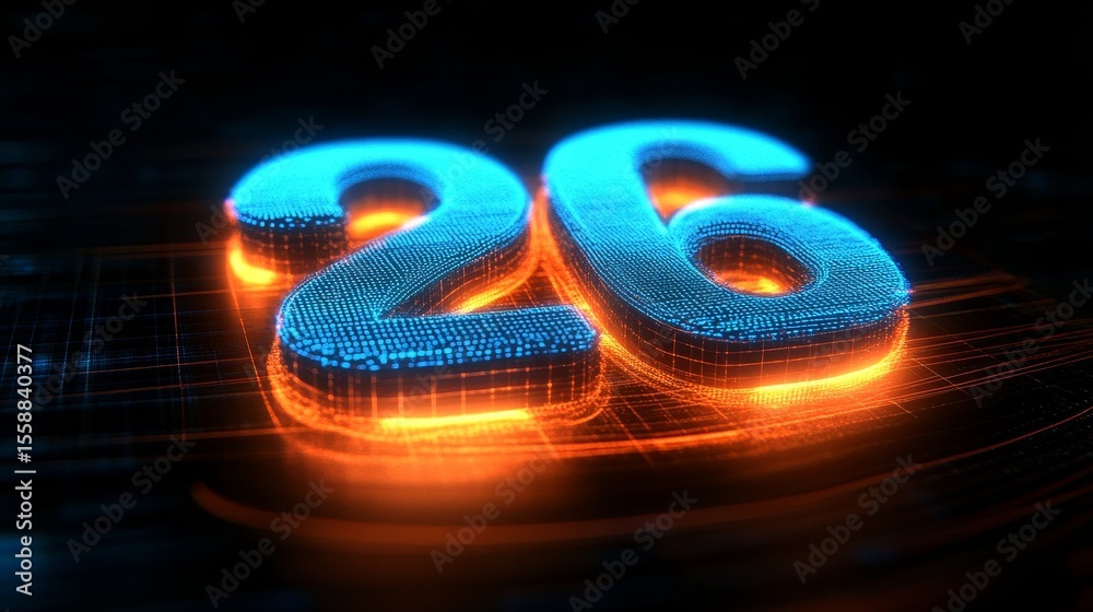 Poster futuristic visual display showcasing a numeric expression of twenty six in a vibrant rendered style