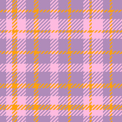 Vector seamless plaid pattern in orange and purple colors.
Repeating brightly colored tartan pattern. Design for fabric, wrapping paper, textiles, social media, packaging, postcards, stickers.
