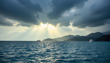 rainy season, koh rong samloem, cambodia; saracen bay, dark clouds, horizon, ethereal light, bright yellow, vivid, soft diffused light, hidden observer, confident vibes, dramatic