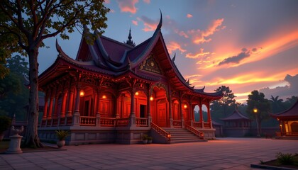 ancient thai pavilion, roi et province, hyperrealism, vibrant crimson accents, luminous dawn light, third person perspective, serene atmosphere, intricate architecture, detailed textures