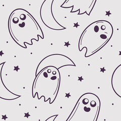 Naklejka premium Cute ghost pattern with stars and moons for seamless Halloween design 