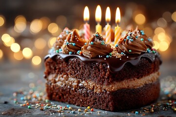 Flavorful chocolate cake with lit candles and festive confetti  

