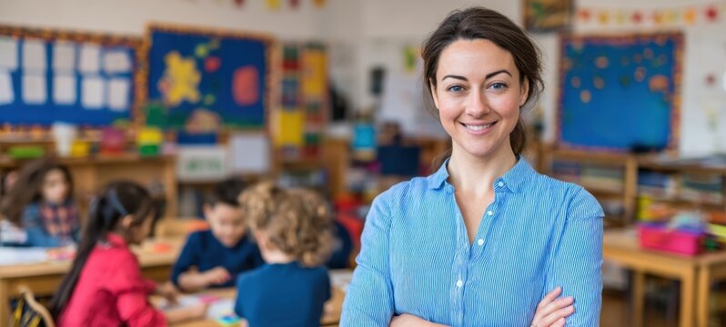 The teacher engaging happily with students in a vibrant classroom setting.
