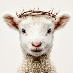 Obraz premium A close-up of a lamb wearing a crown of thorns, symbolizing innocence and sacrifice, with a soft, white background.