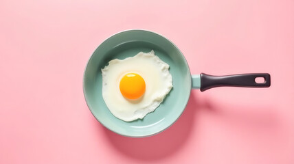 Fried Egg in Green Pan on Pink Background Breakfast Food